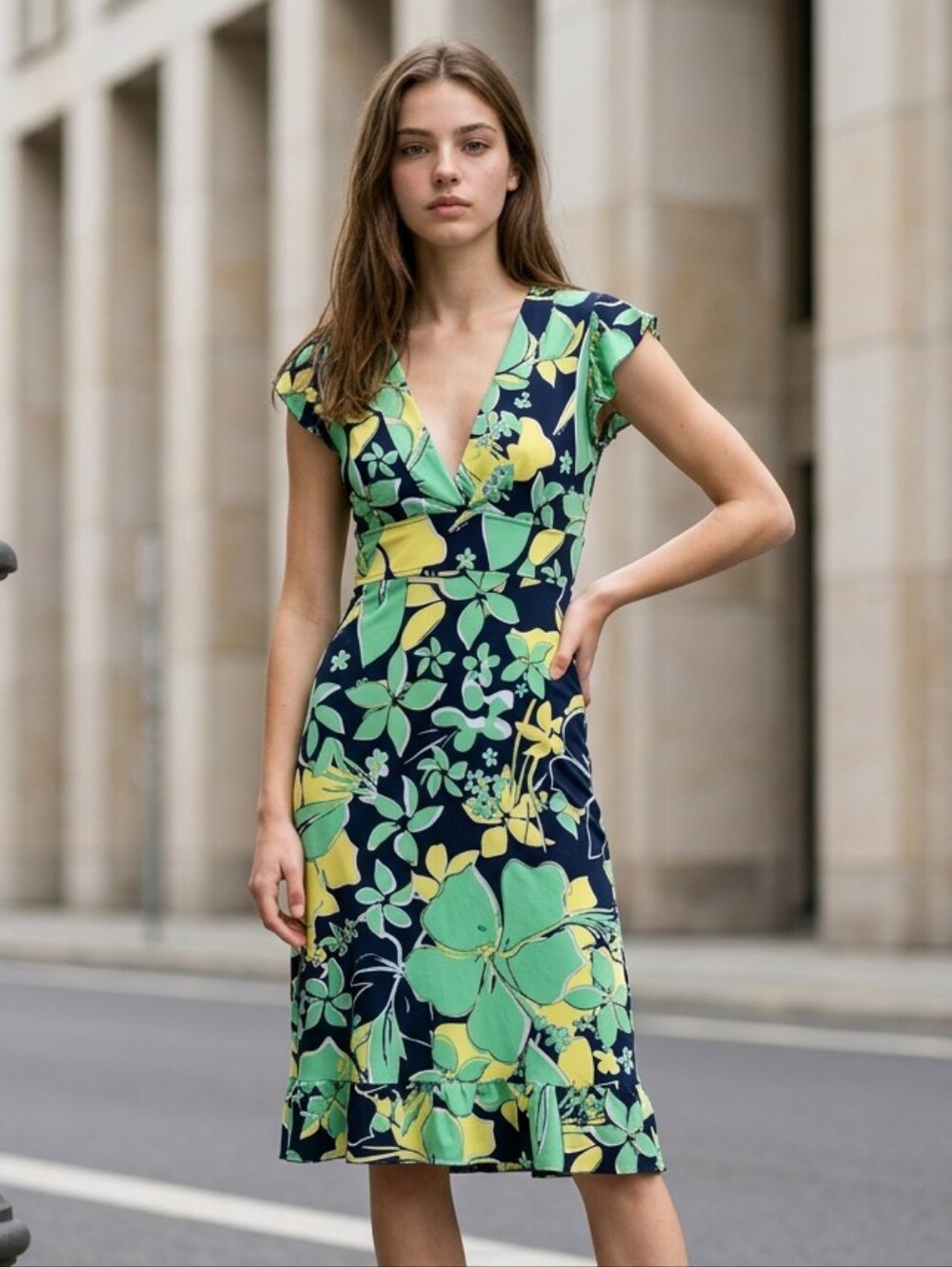 Split Vintage Floral Flutter Sleeve Dress XS Surf Skate Y2K Tropical Midi Retro